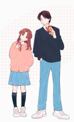 Rule 34 | 1boy, 1girl, black socks, black sweater, blue pants, blue skirt, blue sweater, brown hair, cardigan, collared shirt, drink, drinking straw, drinking straw in mouth, egashira mika, full body, grid background, hand in pocket, hand up, head tilt, height difference, holding, holding carton, holding drink, juice box, kneehighs, long hair, long sleeves, looking at viewer, mukai tsukasa, necktie, pants, parted bangs, pechevail, red cardigan, red eyes, red hair, red necktie, school uniform, shirt, shoes, skip to loafer, skirt, sneakers, socks, standing, sweater, white background, white footwear, white shirt