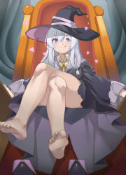 Rule 34 | 1girl, barefoot, blue eyes, blush, elaina (majo no tabitabi), feet, hat, highres, crossed legs, licking lips, long hair, looking at viewer, majo no tabitabi, shoes, unworn shoes, silver hair, sitting, soles, throne, toes, tongue, tongue out, witch hat