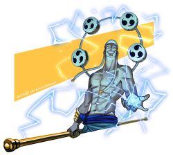 Rule 34 | 1boy, abs, bandana, cropped legs, devil fruit power, earrings, electricity, electrokinesis, enel, evil smile, gold, head tilt, highres, holding, holding polearm, holding weapon, jewelry, keysandcrosses, long neck, looking at viewer, male focus, multicolored hair, muscular, muscular male, one piece, pectorals, polearm, sanpaku, smile, solo, topless male, tsurime, two-tone hair, weapon