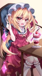 Rule 34 | 1girl, absurdres, adapted costume, ascot, blonde hair, crystal, fangs, feet out of frame, flandre scarlet, food, fork, frilled ascot, frilled shirt, frilled shirt collar, frills, fruit, hat, highres, holding, holding fork, holding spoon, ice cream, kneehighs, long hair, looking at viewer, mob cap, on chair, open mouth, parfait, pointy ears, puffy short sleeves, puffy sleeves, red eyes, red shirt, red skirt, s vileblood, shirt, short sleeves, sitting, skin fangs, skirt, socks, solo, spoon, strawberry, table, touhou, very long hair, white socks, wings, yellow ascot