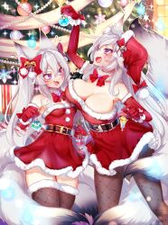 Rule 34 | 2girls, animal ears, belt, blush, bow, breasts, character request, christmas, christmas ornaments, christmas tree, detached sleeves, facial mark, fang, fangs, fishnets, hat, highres, large breasts, multiple girls, open mouth, purple eyes, skirt, small breasts, smile, srinitybeast, virtual youtuber, white hair