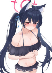 Rule 34 | 1girl, absurdres, animal ear fluff, animal ears, bare shoulders, bikini, black bikini, blue archive, blush, breasts, cat ears, cat girl, cleavage, closed mouth, collarbone, commentary request, halo, highres, hiiragi7s, looking at viewer, medium breasts, navel, nose blush, off-shoulder bikini, off shoulder, official alternate costume, paid reward available, red eyes, red halo, serika (blue archive), serika (swimsuit) (blue archive), simple background, solo, swimsuit, twintails, white background