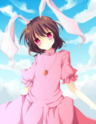 Rule 34 | 1girl, animal ears, bad id, bad pixiv id, brown hair, carrot, carrot necklace, cloud, day, dress, female focus, head tilt, inaba tewi, jewelry, necklace, pendant, pink dress, pink eyes, rabbit ears, short hair, short sleeves, sky, smile, solo, sushimekabu, touhou