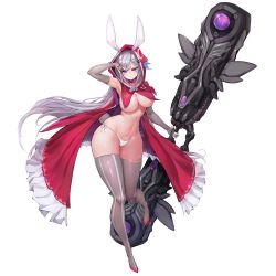 Rule 34 | 1girl, animal ears, baekto (last origin), bare shoulders, breasts, cloak, detached sleeves, elbow gloves, game cg, gloves, grey hair, heterochromia, high heels, highres, large breasts, last origin, long hair, magical baekto, nail polish, navel, official art, panties, purple eyes, rabbit ears, rabbit tail, red eyes, side-tie panties, sima (startwitch), solo, source request, striped clothes, striped thighhighs, tachi-e, thick thighs, thighhighs, thighs, torn clothes, torn thighhighs, transparent background, underwear, weapon, wide hips