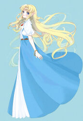 Rule 34 | 1girl, aoi (zelda0616), belt, blonde hair, blue background, blue dress, blue eyes, brooch, brown belt, closed mouth, dress, eyelashes, from side, gold bracelet, highres, jewelry, long dress, long hair, looking at viewer, nintendo, pointy ears, princess zelda, puffy short sleeves, puffy sleeves, short sleeves, simple background, solo, the legend of zelda, the legend of zelda: a link to the past, triforce earrings, very long hair