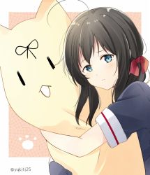 Rule 34 | 10s, 1girl, :d, ahoge, alternate hairstyle, black hair, blue eyes, blush, border, bow, closed mouth, hair bow, hugging object, kantai collection, light frown, looking at viewer, open mouth, orange background, outside border, paw print, pillow, pillow hug, shigure (kancolle), simple background, sitting, smile, the yuudachi-like creature, twintails, twitter username, yukichi (eikichi)