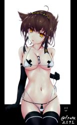 Rule 34 | 10s, 1girl, ahoge, alternate costume, anchor symbol, arm at side, arm support, backlighting, bad id, bad pixiv id, bandaid, bandaids on nipples, between breasts, bikini, bikini pull, black gloves, black panties, black thighhighs, breasts, brown hair, clothes pull, clothes writing, collarbone, cowboy shot, cross, cross necklace, dog tags, eyebrows, franz (217franz), gloves, gluteal fold, hairband, halterneck, hatsuzuki (kancolle), highres, jewelry, kantai collection, large breasts, looking at viewer, micro bikini, navel, necklace, panties, parted lips, pasties, pendant, pillarboxed, pink lips, pointy hair, pulled by self, side-tie bikini bottom, sidelocks, solo, stomach, swimsuit, thigh gap, thighhighs, twitter username, underboob, underwear, white bikini, yellow eyes