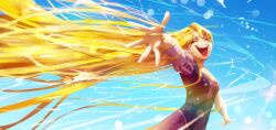 Rule 34 | 1girl, :d, absurdres, blonde hair, blue sky, closed eyes, commentary, dress, english commentary, floating hair, hair flowing over, highres, nviek5, open hands, open mouth, outstretched arms, pink dress, rapunzel (disney), sky, smile, tagme, tangled, wind