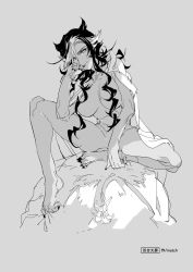 Rule 34 | black hair, breasts, character name, character request, copyright request, grey background, greyscale, hair censor, hattori masahiko, head rest, large breasts, long toenails, monochrome, multicolored hair, nude, solo, toe scrunch, toenails, white hair