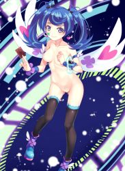 Rule 34 | 1girl, absurdres, aoi (buzhuen444), between fingers, black thighhighs, blue angel, blue hair, blush, boots, bow, breasts, card, cleft of venus, earrings, facial tattoo, female focus, hair bow, hair ornament, hands up, heart, heart earrings, highres, holding, jewelry, long hair, looking at viewer, medium breasts, multicolored hair, navel, nipples, nude, purple eyes, pussy, smile, solo, standing, streaked hair, swept bangs, tattoo, thighhighs, third-party edit, twintails, uncensored, wings, yu-gi-oh!, yuu-gi-ou, yuu-gi-ou vrains, zaizen aoi