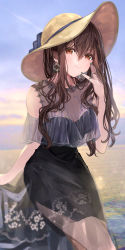 Rule 34 | 1girl, bare shoulders, black dress, blush, brown eyes, brown hair, brown hat, closed mouth, commentary request, dress, green nails, hair between eyes, hand up, hat, highres, horizon, long hair, nail polish, ocean, original, outdoors, puracotte, see-through, smile, solo, sun hat, sunset, very long hair, water