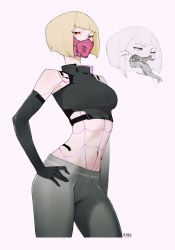 Rule 34 | 1girl, black gloves, blonde hair, bob cut, breasts, colored sclera, crop top, cropped legs, cyberpunk (series), cyberpunk edgerunners, cyborg, elbow gloves, forked tongue, gloves, highres, kiwi (cyberpunk), leggings, liren44, long sleeves, long tongue, mask, medium breasts, mouth mask, red eyes, short hair, simple background, spider web print, standing, tongue, yellow sclera