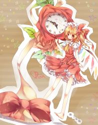 Rule 34 | 1girl, bad id, bad pixiv id, barefoot, blonde hair, blush, bow, clock, dress, feet, female focus, flandre scarlet, flower, hair bow, hat, komeshiro kasu, leaf, open mouth, red eyes, red flower, red rose, rose, short hair, side ponytail, solo, star (symbol), embodiment of scarlet devil, touhou, wings, witch hat