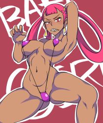 Rule 34 | 1girl, absurdres, areola slip, arm behind head, arm up, armpits, bikini, blush, breasts, claw pose, commentary request, covered erect nipples, creatures (company), dark-skinned female, dark skin, earrings, english text, eyelashes, furrowed brow, game freak, hair tie, half-closed eyes, highres, jewelry, large breasts, long hair, looking at viewer, micro bikini, nail polish, navel, nintendo, open mouth, outline, paw pose, pink hair, pink nails, pokemon, pokemon masters ex, punk girl (pokemon), purple bikini, red background, red eyes, red nails, sharp teeth, sihkygmojsn, slingshot swimsuit, solo, spread legs, stomach, swimsuit, teeth, very long hair, white outline