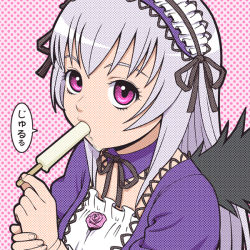 Rule 34 | 00s, doll joints, dress, food, hairband, ichikawa masahiro, joints, long hair, pink eyes, popsicle, rozen maiden, sexually suggestive, silver hair, solo, suigintou, wings