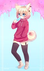 Rule 34 | 1girl, absurdres, animal ears, black thighhighs, blonde hair, blue eyes, blush, bob cut, boots, borrowed character, commission, dog ears, dog tail, earrings, eating, female focus, food, full body, furry, furry female, garter straps, glasses, hand in pocket, highres, holding, holding food, hood, hoodie, jewelry, methynecros, open mouth, original, popsicle, red hoodie, round eyewear, solo, tail, thighhighs