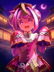 Rule 34 | 1girl, agnes digital (lovely jiangshi) (umamusume), agnes digital (umamusume), agnes digital (umamusume) (cosplay), animal ears, blurry, blurry background, building, bun cover, cosplay, crescent moon, detached sleeves, double bun, dress, hair bun, hair intakes, hands up, hat, highres, horse ears, looking at viewer, moko39 takasora, moon, night, ofuda, open mouth, outdoors, pink dress, pink eyes, pink hair, qingdai guanmao, sleeveless, sleeveless dress, sleeves past fingers, sleeves past wrists, smile, solo, symbol-shaped pupils, umamusume, upper body, v-shaped eyebrows