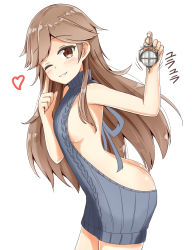 Rule 34 | 10s, 1girl, aikawa ryou, aran sweater, arashio (kancolle), arashio kai ni (kancolle), ass, backless dress, backless outfit, blue sweater, breasts, brown eyes, brown hair, butt crack, cable knit, cowboy shot, crime prevention buzzer, dress, finger to cheek, grin, halterneck, heart, highres, kantai collection, long hair, looking at viewer, medium breasts, meme attire, naked sweater, one eye closed, ribbed sweater, searchlight, sideboob, simple background, smile, solo, sweater, sweater dress, turtleneck, turtleneck sweater, virgin killer sweater, white background