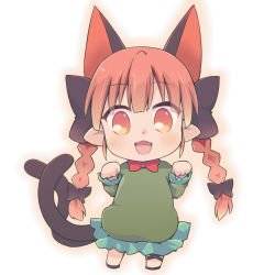Rule 34 | 1girl, aged down, animal ears, bow, braid, cat ears, extra ears, hair bow, hazuki ruu, kaenbyou rin, looking at viewer, multiple tails, red eyes, red hair, skirt, solo, tail, touhou, twin braids