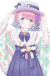 :o blue_bow blue_bowtie blue_hair blue_hakama blush bow bowtie braid brooch candy_hair_ornament collar crescent flower food-themed_hair_ornament frilled_collar frilled_sleeves frills gradient_hair green_eyes hair_bow hair_flower hair_ornament hair_ribbon hakama hakama_skirt hands_on_headwear hat hat_bow hat_flower hatanaka_marie head_tilt heterochromia highres himemori_luna himemori_luna_(6th_costume) hololive japanese_clothes jewelry kimono long_skirt long_sleeves multicolored_hair pink_hair polka_dot polka_dot_ribbon print_hakama purple_eyes ribbon skirt straw_hat two-tone_hair virtual_youtuber white_background white_hat