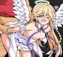 Rule 34 | 1boy, 1girl, ahoge, angel wings, angelica (epic seven), bare shoulders, blonde hair, blue eyes, blush, bottomless, braid, breasts, clothed sex, cum, cum in pussy, detached collar, doggystyle, dress, epic seven, halo, hetero, long hair, medium breasts, multiple braids, nipples, no bra, no panties, one eye closed, sex, sex from behind, tsuzuri (tuzuri), white dress, wings