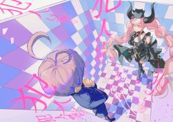 Rule 34 | 1boy, 1girl, absurdres, ahoge, binxngchng1, black dress, black flower, black footwear, black gloves, black horns, black sleeves, black thighhighs, blood, blood splatter, blue footwear, blue jacket, blue shorts, boots, braid, breasts, chalk outline, checkered floor, checkered wall, cleavage, closed mouth, commentary, criss-cross halter, crown, detached sleeves, dress, facing another, fingerless gloves, flower, foreshortening, frilled dress, frills, from above, gloves, hair flower, hair ornament, hair ribbon, halterneck, hand up, highres, horns, indoors, jacket, large breasts, long hair, long sleeves, looking at another, master detective archives: rain code, pink blood, pink eyes, pink hair, purple hair, ribbon, shinigami (rain code), short hair, shorts, standing, thighhighs, twin braids, very long hair, white ribbon, yuma kokohead