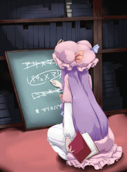 Rule 34 | 1girl, book, chalk, chalkboard, coo (coonekocoo), crescent, dress, female focus, fingernails, from behind, hat, highres, holding, holding book, long hair, patchouli knowledge, purple hair, solo, squatting, touhou, translation request, writing