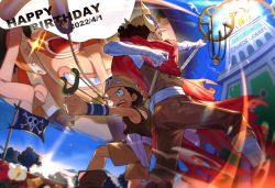 Rule 34 | afro, aiming, back-to-back, black hair, cape, explosion, grin, happy birthday, highres, jolly roger, long nose, male focus, mask, multiple views, one piece, overalls, qin (7833198), smile, time paradox, usopp