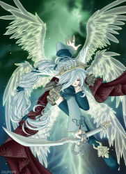 Rule 34 | 1girl, angel, angel wings, bent over, boots, crown, closed eyes, flying, knee boots, long hair, lowres, solo, sword, weapon, white hair, wings