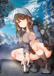 Rule 34 | 1girl, black skirt, blush, bottle, breasts, brown eyes, brown hair, closed mouth, collarbone, girls und panzer, hat, highres, jacket, keizoku military uniform, large breasts, looking at viewer, megadeko, mika (girls und panzer), military, military uniform, miniskirt, mountain, no panties, outdoors, pleated skirt, railroad tracks, short hair, skirt, sky, smile, snow, solo, track jacket, tree, uniform