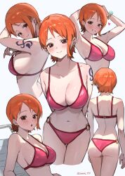 Rule 34 | 1girl, :o, arm tattoo, armpits, arms up, ass, bikini, bob cut, breasts, brown eyes, closed mouth, cropped legs, earrings, grin, highres, jewelry, large breasts, log pose, multiple views, nami (one piece), navel, one piece, open mouth, orange hair, pink bikini, short hair, sideboob, simple background, smile, sooon, stomach, swimsuit, tattoo, white background