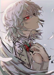 Rule 34 | 1girl, 33 gaff, @ @, absurdres, angel wings, bow, bowtie, brooch, commentary request, expressionless, feathers, gradient background, grey background, grey hair, hands on own chest, hands up, highres, jewelry, kishin sagume, looking up, medium hair, parted lips, red bow, red bowtie, red eyes, sidelighting, sketch, solo, touhou, wings