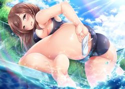 Rule 34 | 10s, 1girl, ass, bad id, bad twitter id, blush, breasts, brown eyes, brown hair, commentary request, competition swimsuit, crotch, day, feet, fence, garana, hip focus, idolmaster, idolmaster cinderella girls, large breasts, legs, light rays, long hair, looking back, nitta minami, one-piece swimsuit, open mouth, outdoors, poolside, sideboob, smile, solo, sparkle, sunlight, swimsuit, thighs, tree, water, wet