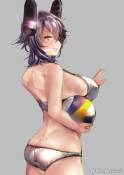 Rule 34 | 1girl, ass, bad id, bad pixiv id, ball, bikini, blush, breasts, butt crack, closed mouth, commentary request, grey background, headgear, juurouta, kantai collection, large breasts, looking at viewer, purple eyes, purple hair, simple background, smile, swimsuit, tenryuu (kancolle), twitter username, white bikini