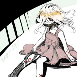 Rule 34 | 1girl, arm support, bad id, bad pixiv id, bare shoulders, blonde hair, character name, collarbone, cyborg, dress, hair over one eye, hongcha (roels), long hair, looking at viewer, red dress, red eyes, roels, scp-191, scp foundation, shirt, sitting, solo, sundress, white shirt