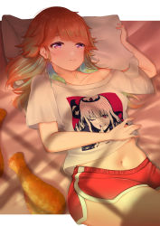 Rule 34 | 2girls, alternate hairstyle, boyshort panties, casual, character print, chicken (food), clothes lift, collarbone, cowboy shot, evening, food-themed pillow, fried chicken, gradient hair, green hair, hand on own stomach, highres, holding, holding pillow, hololive, hololive english, letterboxed, looking ahead, lying, mori calliope, multicolored hair, multiple girls, nail polish, navel, on back, on bed, orange hair, partially off-shoulder, pillow, pink eyes, satsukikyo, shadow, shirt, shirt lift, short shorts, shorts, solo, solo focus, swept bangs, t-shirt, takanashi kiara, thighs, virtual youtuber