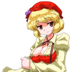 Rule 34 | 1girl, aki minoriko, alphes (style), bad id, bad pixiv id, blonde hair, bow, breasts, brown eyes, cleavage, female focus, food, fruit, grapes, hat, large breasts, mono (moiky), neck ribbon, parody, ribbon, short hair, smile, solo, style parody, touhou, transparent background, upper body, white background