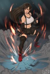 Rule 34 | 1girl, abs, absurdres, aura, bike shorts, black hair, black skirt, black thighhighs, breasts, brown eyes, clenched hands, crater, fighting stance, final fantasy, final fantasy vii, final fantasy vii remake, fingerless gloves, gloves, highres, kabos, large breasts, long hair, looking at viewer, low-tied long hair, midriff, muscular, muscular female, navel, open mouth, pleated skirt, red footwear, shirt, shorts, shorts under skirt, skirt, smile, smoke, solo, sports bra, stomach, suspender skirt, suspenders, tank top, taut clothes, taut shirt, thighhighs, tifa lockhart, toned, white tank top