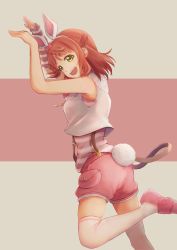 Rule 34 | 1girl, animal ears, animal print, arm warmers, artist name, artist request, bare legs, bare shoulders, blush, bow, bowtie, braid, braided bun, breasts, buttons, cowboy shot, crescent moon, crescent moon symbol, cropped vest, detached sleeves, exciting animal (love live!), fake animal ears, female focus, from behind, fur-trimmed shorts, fur trim, green eyes, hair bow, hair bun, hairband, highres, hood, hooded vest, hoodie, looking at viewer, looking back, love live!, love live! nijigasaki high school idol club, love live! school idol festival, love live! school idol festival all stars, moon, orange hair, pants, parted lips, pink bow, pink footwear, pink shirt, pink slippers, rabbit ears, rabbit pose, rabbit print, rabbit tail, red bow, red hair, red shorts, shirt, short hair, short pants, short shorts, shorts, side bun, sideboob, single detached sleeve, single side bun, sleeveless, sleeveless hoodie, slippers, small breasts, smile, solo, standing, standing on one leg, striped clothes, striped shirt, suspender shorts, suspenders, tail, uehara ayumu, vest, white hairband, white hoodie, white legwear, white vest, yellow eyes