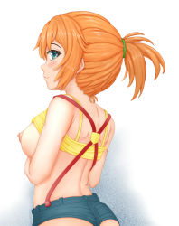 Rule 34 | 1girl, ass, awashima hiruko, back, blush, breasts, butt crack, creatures (company), eye contact, game freak, highres, legs together, looking at another, looking at viewer, looking back, misty (pokemon), nintendo, nipples, orange hair, pokemon, pokemon (anime), pokemon (classic anime), short hair, shorts, sideboob, smile, suspenders, topless
