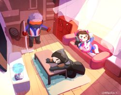 Rule 34 | &gt; &lt;, 1girl, 2boys, bad id, bad twitter id, bodysuit, brown hair, butterfly sitting, carpet, chibi, closed eyes, coat, commentary request, couch, curtains, d.va (overwatch), facial mark, fatherly, globe, gloves, headphones, highres, holding, hologram, hood, hooded jacket, indoors, jacket, korean text, living room, long hair, lying, mask, mouth mask, multiple boys, ninecoin 9, on back, open mouth, overwatch, overwatch 1, pillow, pilot suit, reaper (overwatch), short hair, signature, sitting, soldier: 76 (overwatch), sunlight, swept bangs, table, television, trench coat, twitter username, vacuum cleaner, visor, whisker markings, white gloves, white hair