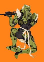 Rule 34 | 1boy, aiming, apron, armor, armor under clothes, commentary, english commentary, from behind, gun, halo (series), helmet, highres, holding, holding gun, holding weapon, maid apron, maid headdress, male focus, master chief, on one knee, orange background, power armor, rifle, science fiction, sniper rifle, solo, spartan (halo), squatting, taocan shisi hao, weapon