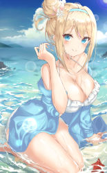 Rule 34 | 1girl, absurdres, bad id, bad pixiv id, bare shoulders, bikini, blonde hair, blue eyes, blue jacket, blue sky, breasts, caustics, cleavage, closed mouth, cloud, collarbone, day, frilled bikini, frills, girls&#039; frontline, hair bun, hair ornament, hairband, halterneck, hand up, highres, jacket, large breasts, long hair, long sleeves, looking at viewer, lotpi, off shoulder, official alternate costume, open clothes, open jacket, outdoors, side bun, sidelocks, single hair bun, single side bun, sky, snowflake hair ornament, solo, starfish, suomi (girls&#039; frontline), suomi (midsummer pixie) (girls&#039; frontline), swimsuit, water, wet, white bikini