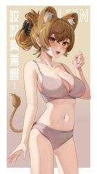 Rule 34 | 1girl, absurdres, animal ears, bare shoulders, blush, breasts, brown eyes, brown hair, character request, cleavage, collarbone, commentary request, copyright request, fangs, highres, illian-san, large breasts, long hair, looking at viewer, navel, open mouth, solo, stomach, tail, translation request, underwear, underwear only