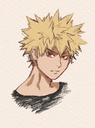 Rule 34 | 1boy, artist name, bad id, bad twitter id, bakugou katsuki, black shirt, blonde hair, boku no hero academia, clivenzu, closed mouth, commentary, english commentary, graphite (medium), looking at viewer, male focus, mixed media, portrait, red eyes, sanpaku, shirt, solo, spiked hair, traditional media, twitter username