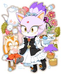 Rule 34 | 2girls, animal ears, black bow, black footwear, blaze the cat, bow, cat ears, cat girl, cat tail, closed eyes, cream the rabbit, crown, cup, dress, food, forehead jewel, frilled dress, frilled sleeves, frills, furry, furry female, highres, holding, holding plate, kusunoki cherry, macaron, multiple girls, orange dress, orange footwear, plate, ponytail, rabbit ears, rabbit girl, smile, sonic (series), sugar cube, tail, teacup, teapot, yellow eyes