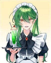 Rule 34 | 1boy, apron, black bow, black bowtie, black dress, blush, bow, bowtie, brooch, cherry, dress, drinking straw, food, fruit, gem, glass, green hair, highres, holding, holding tray, ice, ice cream, ice cube, jewelry, lobotomy corporation, long hair, maid headdress, male focus, netzach (project moon), out of character, parted lips, project moon, puffy short sleeves, puffy sleeves, red gemstone, short sleeves, shrimp 1437, smile, solo, tray, very long hair, white apron, yellow eyes