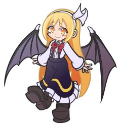 Rule 34 | 1girl, bat wings, black footwear, black skirt, blonde hair, bow, bowtie, center frills, closed mouth, frilled skirt, frills, full body, hairband, kurumi (touhou), long hair, long sleeves, looking at viewer, parody, puyopuyo, red bow, red bowtie, shinmon akika, shirt, simple background, skirt, smile, solo, style parody, touhou, touhou (pc-98), white background, white hairband, white shirt, wings, yellow eyes