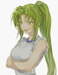 Rule 34 | 1girl, arms under breasts, bad id, bad twitter id, bare shoulders, breast hold, breasts, commentary request, crossed arms, eyebrows hidden by hair, green eyes, green hair, gym uniform, high ponytail, highres, higurashi no naku koro ni, long hair, looking away, medium breasts, open mouth, sei ( mo1008), shirt, sidelocks, simple background, sleeves rolled up, solo, sonozaki mion, standing, teeth, upper body, upper teeth only, very long hair, white background, white shirt