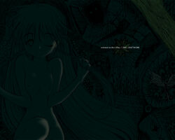 Rule 34 | 1girl, abstract background, ahoge, braid, breasts, completely nude, copyright name, dark, holding, holding own hair, long hair, looking at viewer, medium breasts, monochrome, nagaoka kenzou, non-web source, nude, official art, official wallpaper, one eye closed, parted lips, sayonara wo oshiete, side braids, smile, solo, sugamo mutsuki, upper body, very long hair
